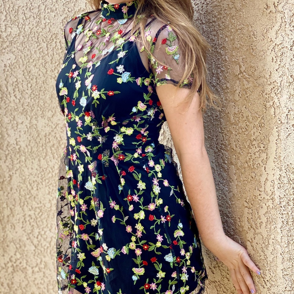 Sheer Mesh Overlay Embroidered Flower Mini Dress